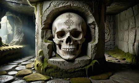 11022-55746120-Horror-themed cinematic film still of scary  human skull entirely engraved with Viking runes rests on a moss-covered stone pilla.jpg